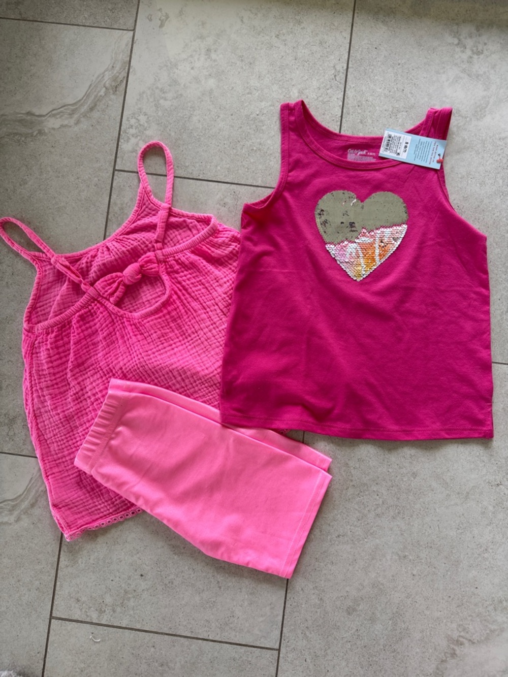 Cat & Jack Pink Girls 3 Piece Bundle- Tank w/iridescentshorts plus sequin tank